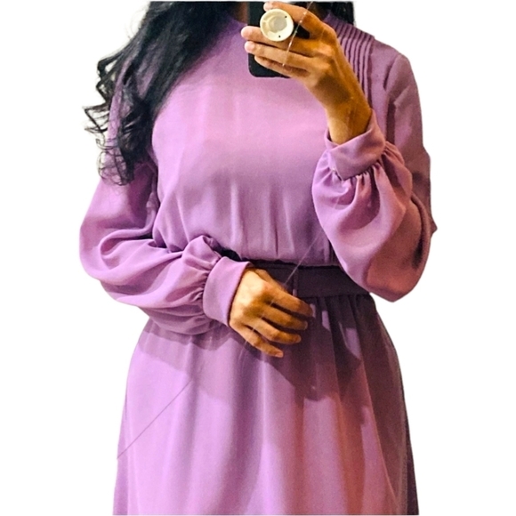 Vintge 70s Boho Long Sleeve Crepe Midi Belted  Dress Canadian Unionmade Purple - Picture 3 of 16